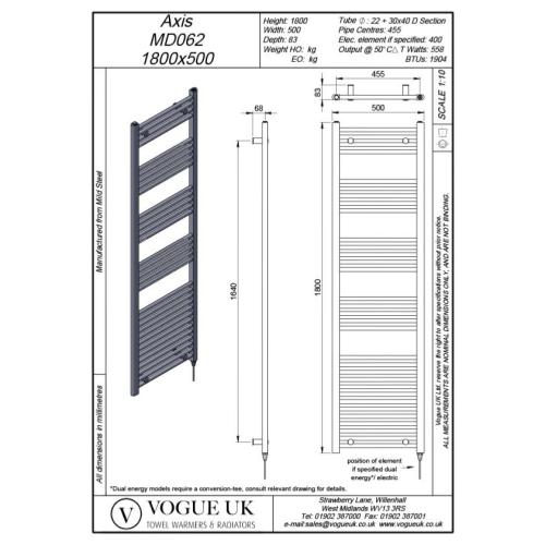 Vogue Axis 1800 x 500mm Straight Ladder Towel Rail Heating Only Chrome 1904BTU MD062 MS18050CP